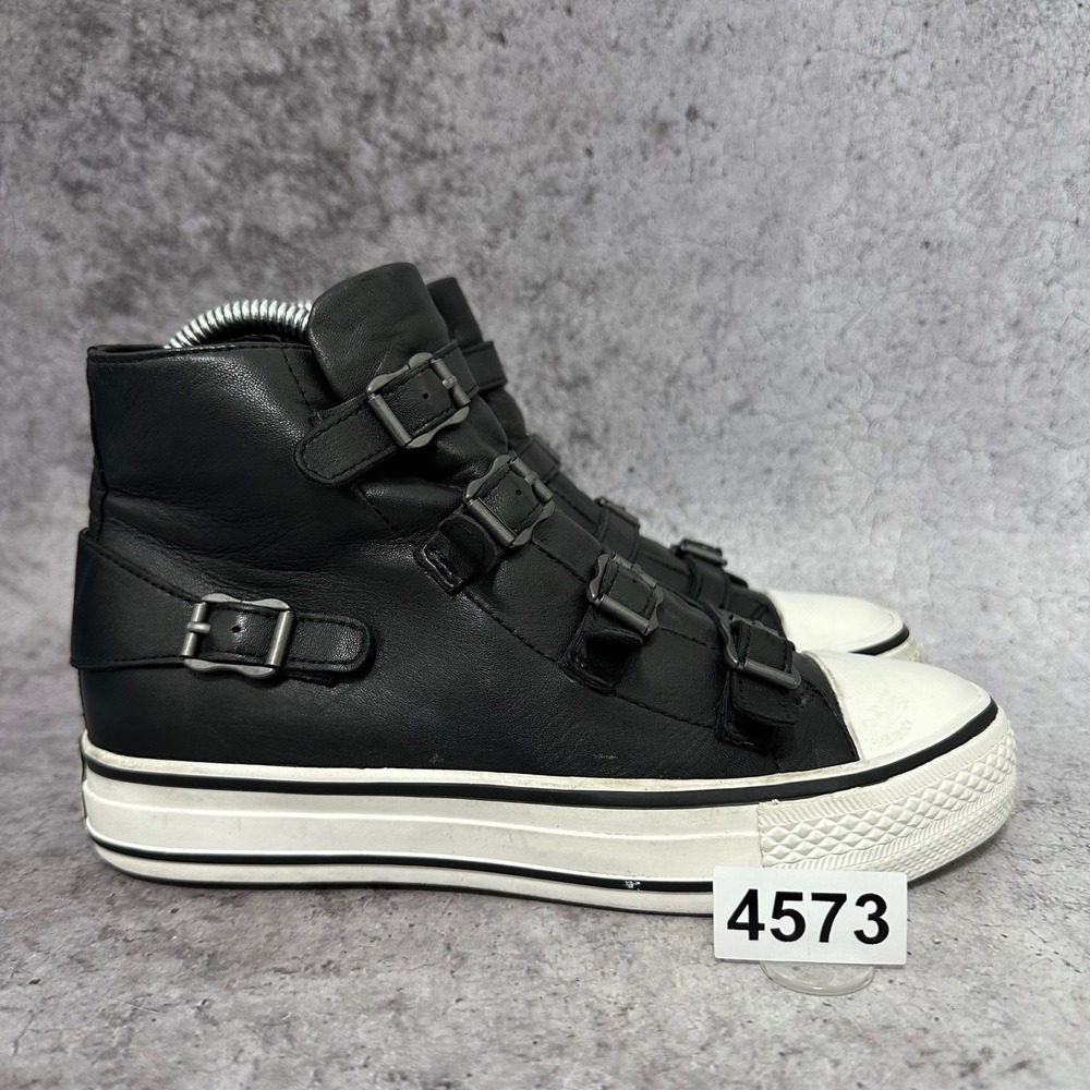 Ash Virgin Sneaker Women Size 5.5-6 Black Leather Multi Buckle High Top Zip Shoe